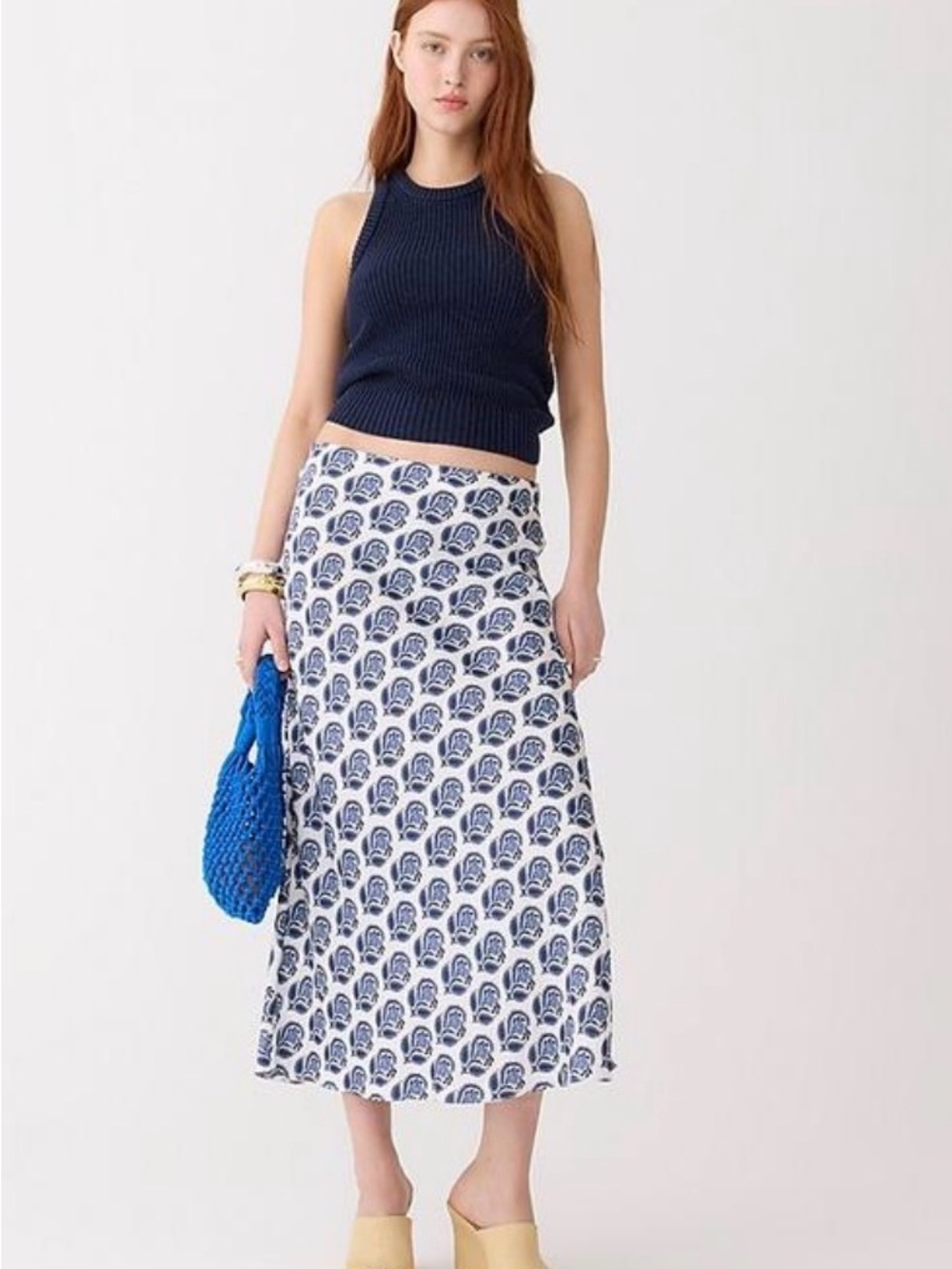 J. Crew Navy and White Printed Midi Skirt
